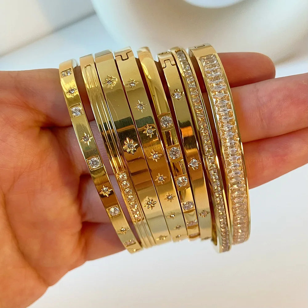 New Waterproof Cubic Zirconia Bangles - Tarnish-Free Stainless Steel Bracelets for Women | Customizable Wholesale Jewelry