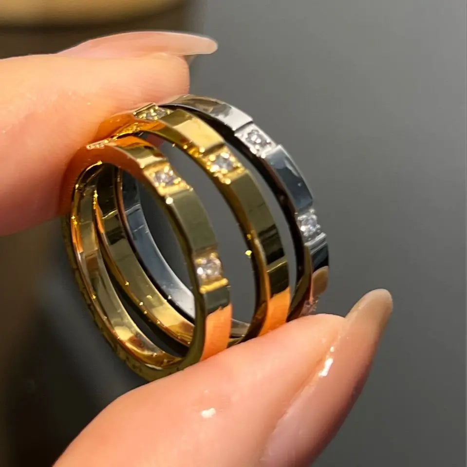 Waterproof Stone Inlaid Geometric Ring for Women - Engraved Statement Party & Wedding Band