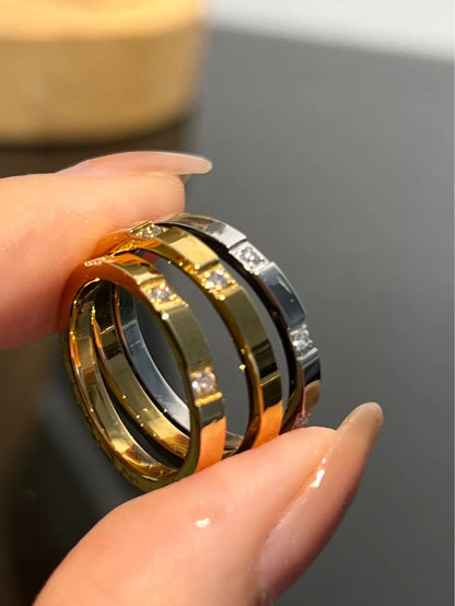 Waterproof Stone Inlaid Geometric Ring for Women - Engraved Statement Party & Wedding Band