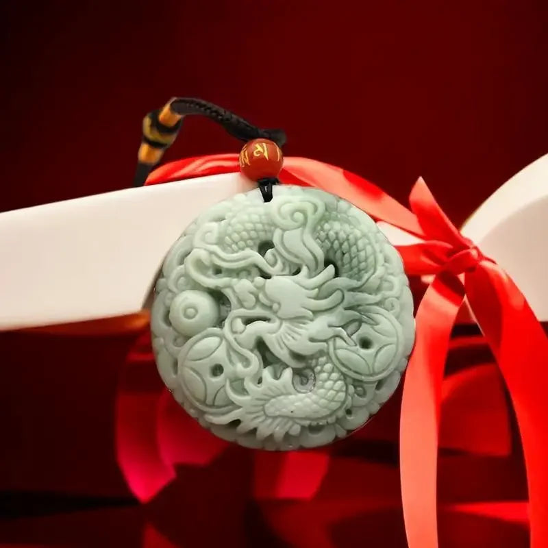 Natural White & Green Jade Dragon Pendant Necklace - Carved Amulet Charm