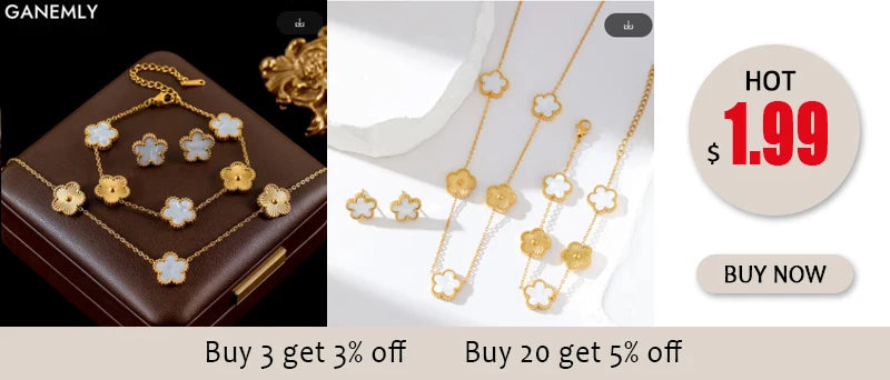 GANEMLY 316L Stainless Steel 4-Color Five Leaf Clover Flower Necklace Bracelet Earrings Set For Women New Waterproof Jewelry