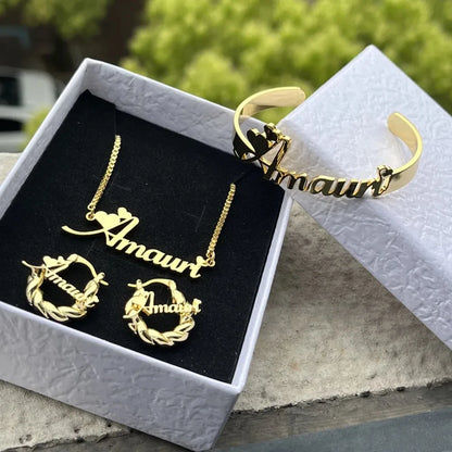 Personalized Name Kids Set Necklace Custom Letter Bracelet Stainless Steel Mini Earrings Gift for Kids