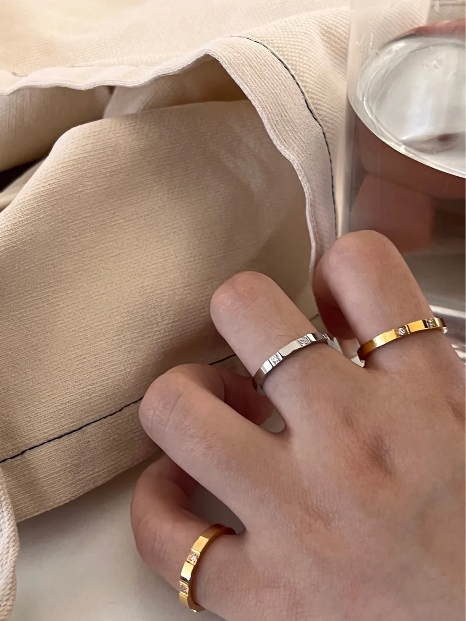 Waterproof Stone Inlaid Geometric Ring for Women - Engraved Statement Party & Wedding Band