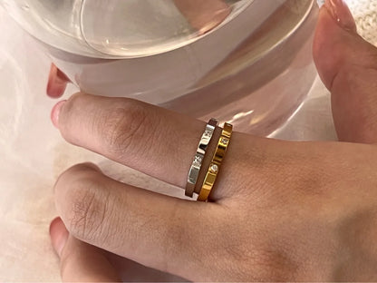 Waterproof Stone Inlaid Geometric Ring for Women - Engraved Statement Party & Wedding Band