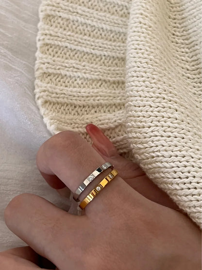 Waterproof Stone Inlaid Geometric Ring for Women - Engraved Statement Party & Wedding Band