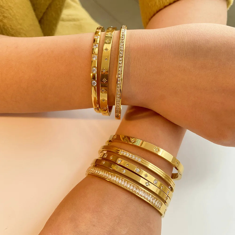 New Waterproof Cubic Zirconia Bangles - Tarnish-Free Stainless Steel Bracelets for Women | Customizable Wholesale Jewelry