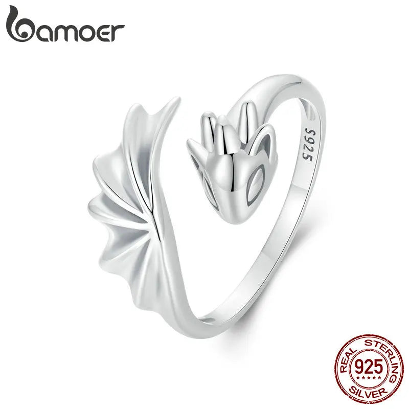 BAMOER Adjustable Dragon Ring - 925 Sterling Silver Animal Jewelry Gift for Women & Teens