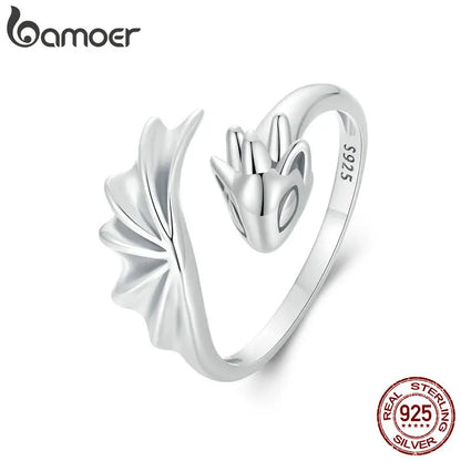 BAMOER Adjustable Dragon Ring - 925 Sterling Silver Animal Jewelry Gift for Women & Teens