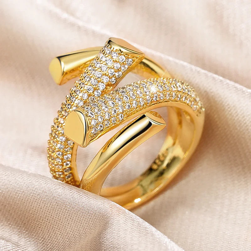 Huitan Hyperbole Geometric Shape Gold Ring for Women - Luxury CZ Sparkling Ring for Daily Wear & Parties