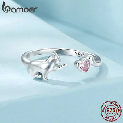 BAMOER 925 Sterling Silver Cute Cat Ring for Women, Lovely Pet Animals Open Ring Statement Ring Jewelry Gift for Pet Lover