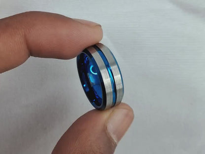 8mm Tungsten Ring Silver Brushed Thin Blue Line Inlay Men Engagement Bands, Blue Wedding Ring | Anniversary Ring | Silver Tungsten