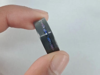 8mm Black Plated Tungsten Ring with Brushed Finish and Blue Meteorite Stone Inlay–Stylish Durable Band for Men & Women Free Custom Engraving