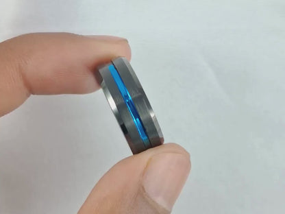 6mm Tungsten Wedding Band for Men & Women – Blue Groove Matte Finish Ring, Stylish Free Custom Engraving