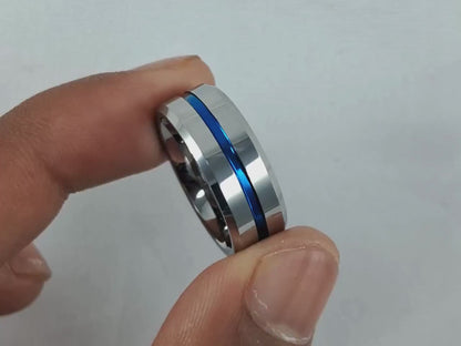 8mm Tungsten Ring Blue Line Inlay Men Silver Polished Wedding Band - Stylish and Durable Choice for Weddings and Everyday Wear"