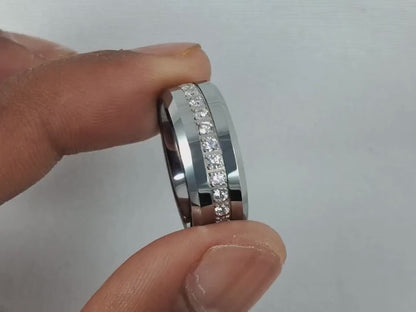 8mm Silver Color Men's Tungsten Ring with Round Cubic Zirconia Diamonds – Stylish, Durable Wedding Band Scratch-Resistant Comfort Fit Design