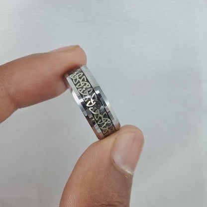 6mm Tungsten Rings for Men & Women – Silver Beveled Edge with Celtic Knot Design and Black Carbon Fiber Inlay. Durable and Stylish