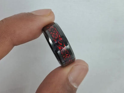 8mm Black Tungsten Ring for Men with Red Celtic Dragon Inlay. Durable and stylish wedding band or accessory, ideal for any occasion