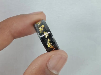 8mm Black Tungsten Ring for Men with Black & Gold Foils Inlay – Beveled Edge, Stylish Durable Wedding Band Free Custom Engraving