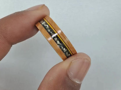 8mm Tungsten Ring with Olive Wood, Black Sand, and Metal Slag Guitar String Inlay – Unique Design Free Custom Engraving